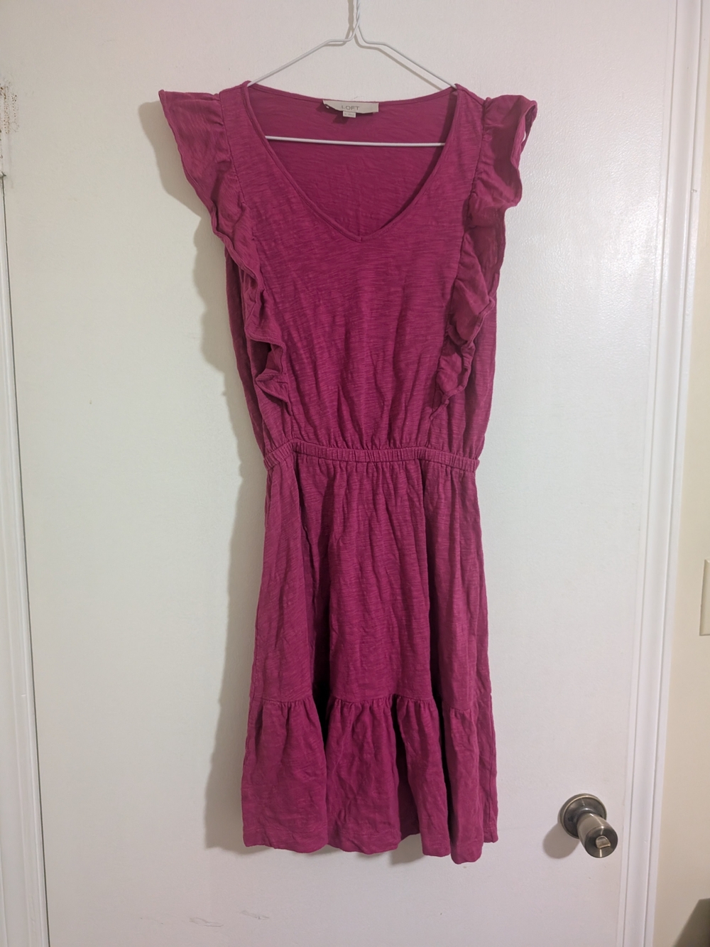 LOFT Magenta Pink Ruffle Sleeve Elastic Waist Cotton Dress Size XS